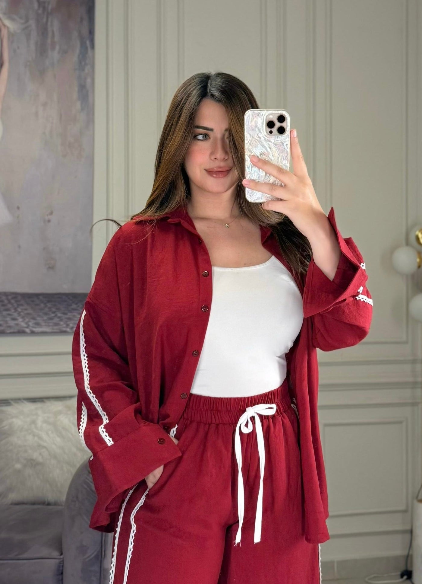 Hot Summer Lace Trim Shirt - Burgundy
