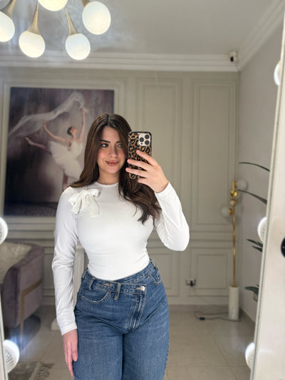 Girls Club Bow Basic Top - OffWhite