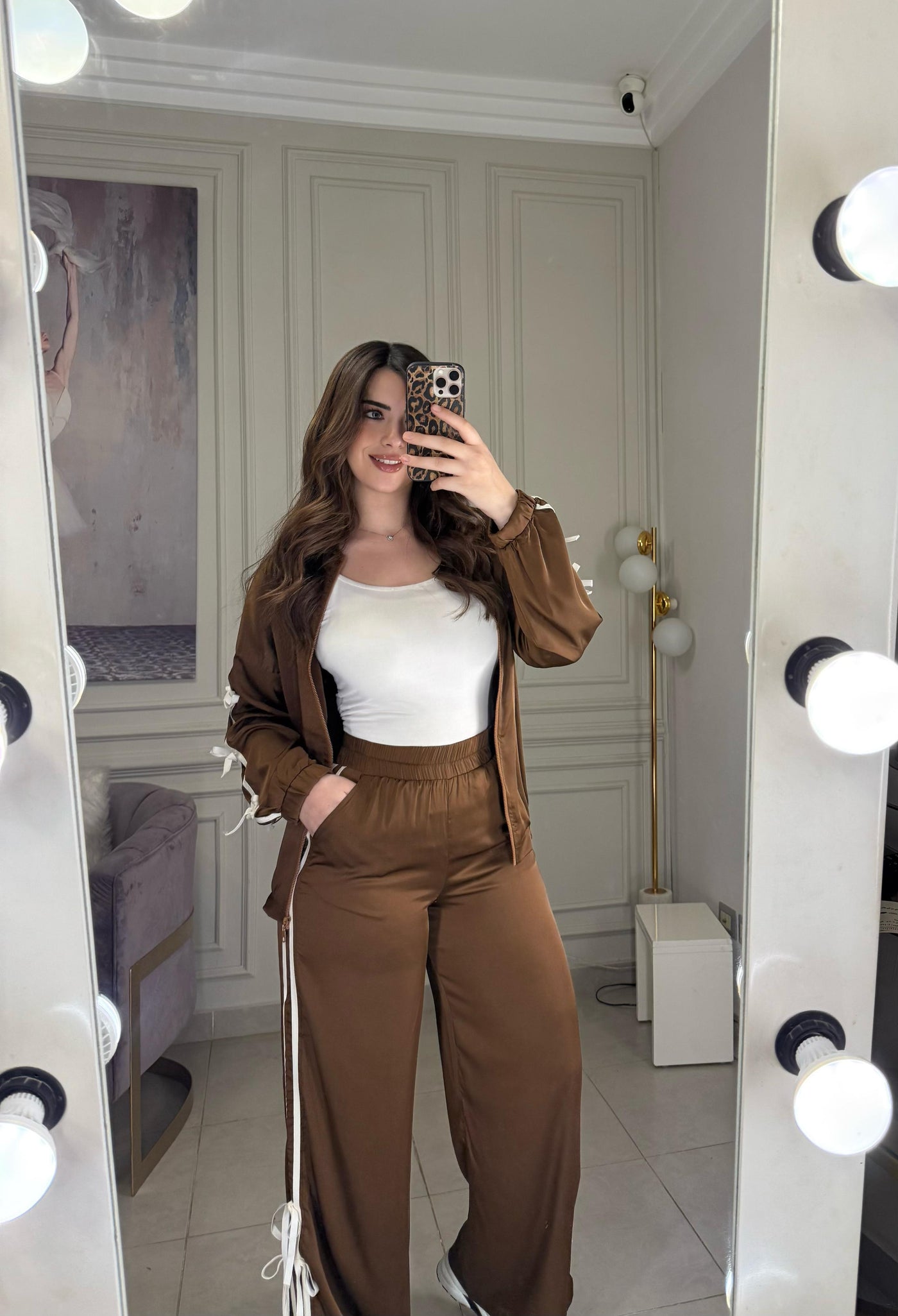 She's a Girl Bow Silky Tracksuit - Hazelnut