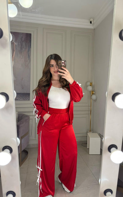 She's a Girl Bow Silky Tracksuit - Red