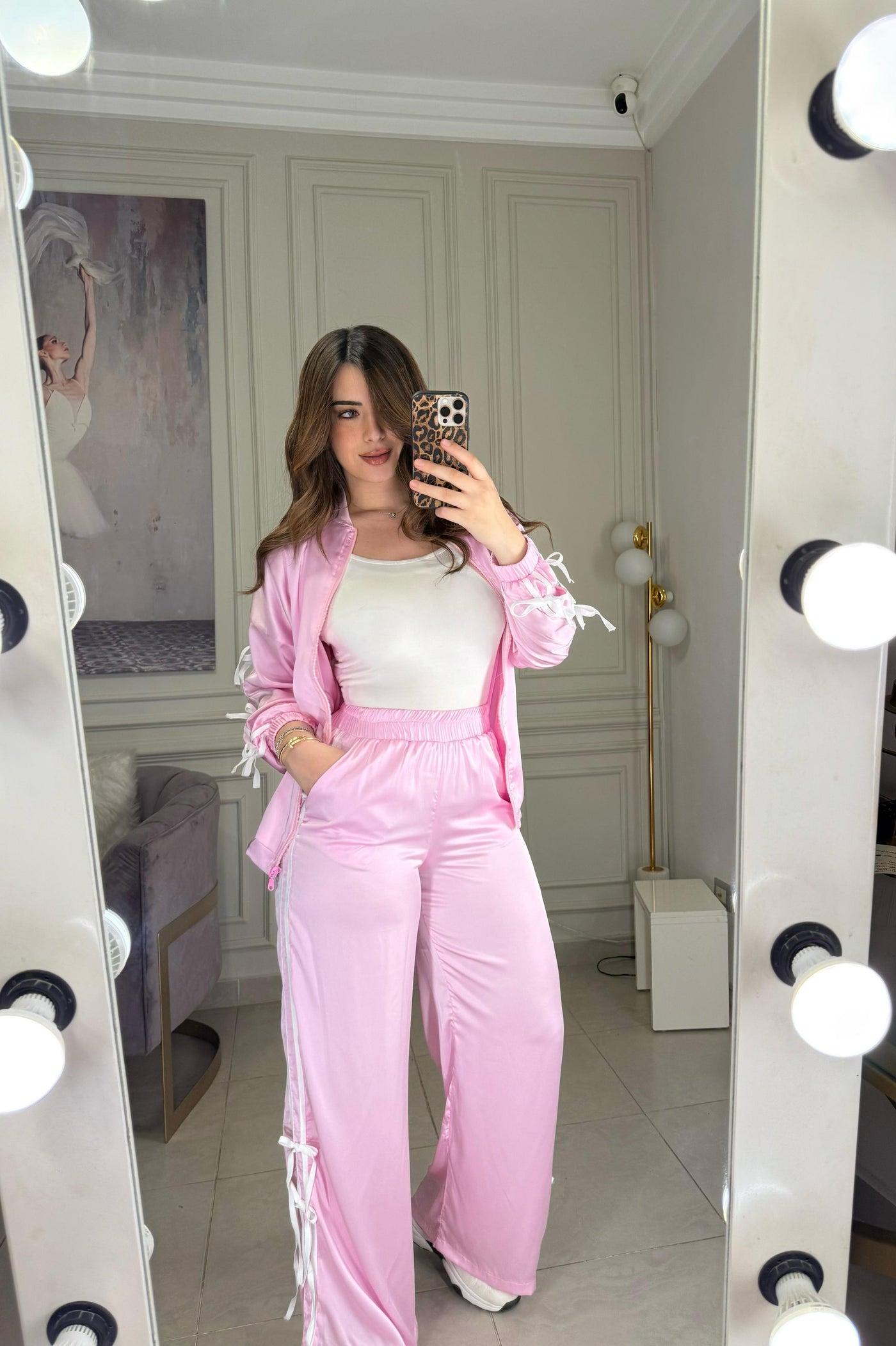 She's a Girl Bow Silky Tracksuit - Pink