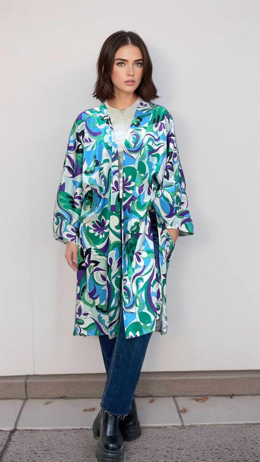 Purple x green patterned silky kimono