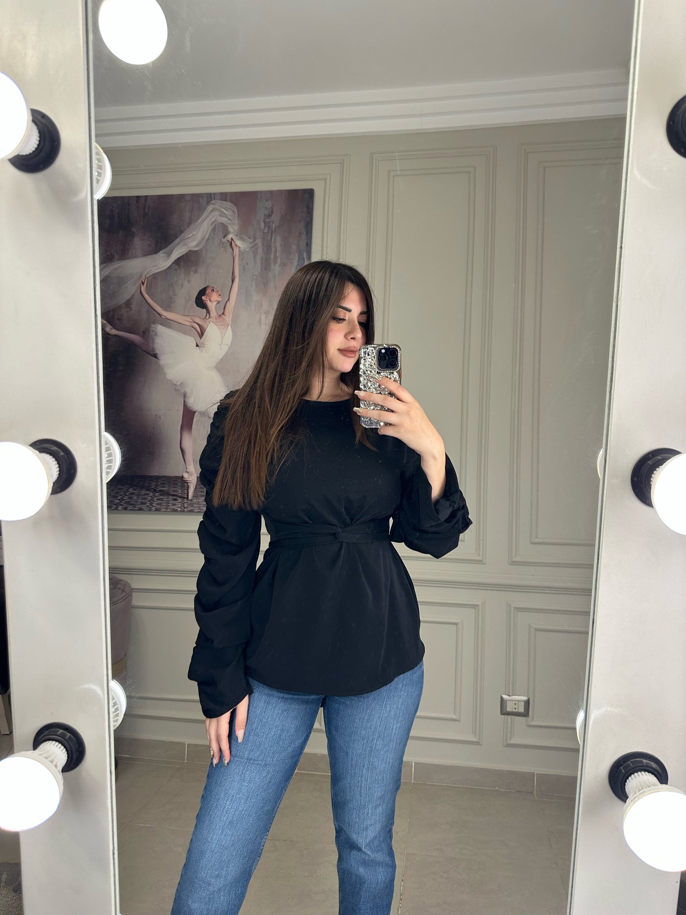 Ruched Sleeves Blouse - Black