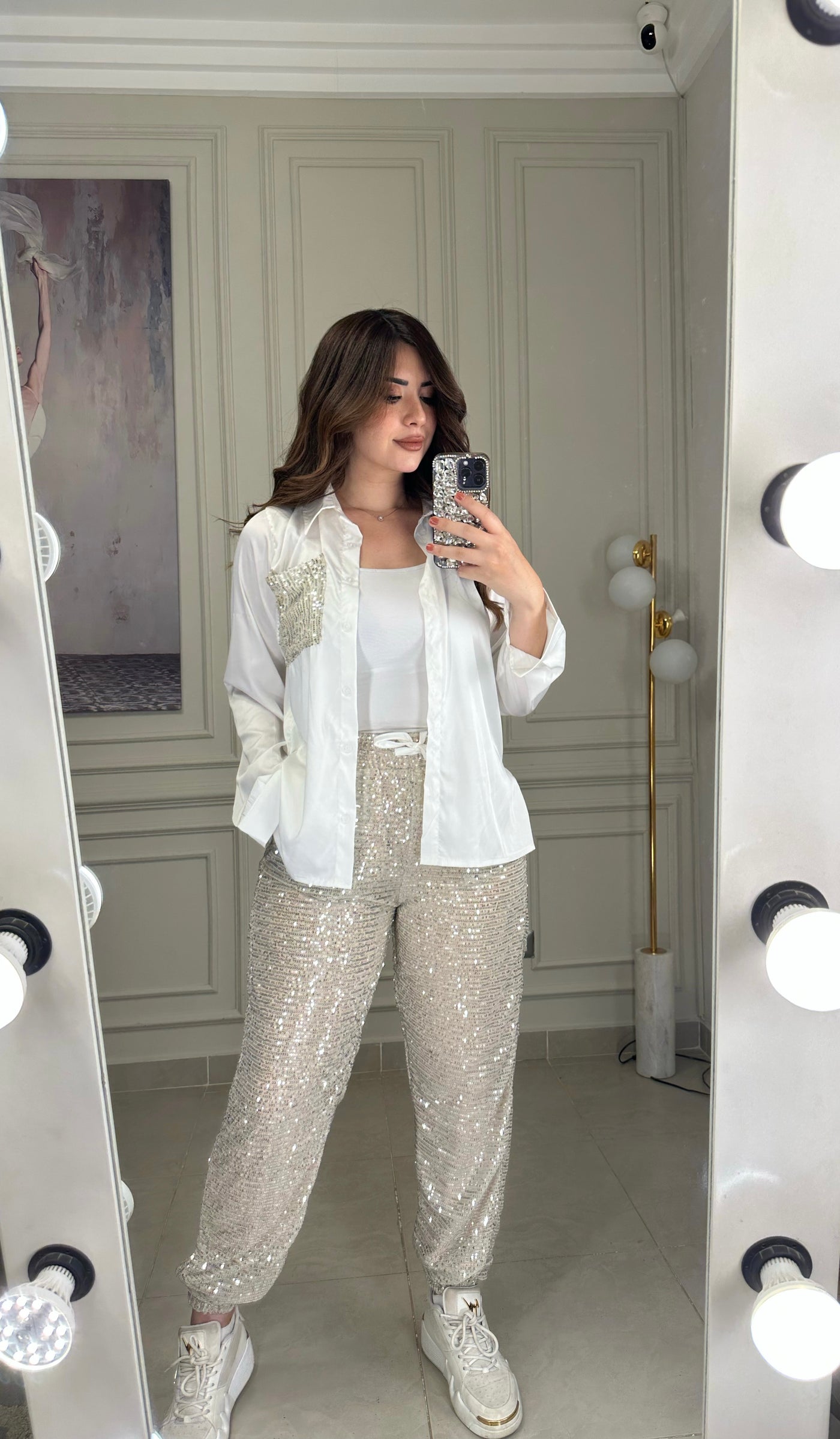 Hollywood Star Sequins Jogger Pants - Beige