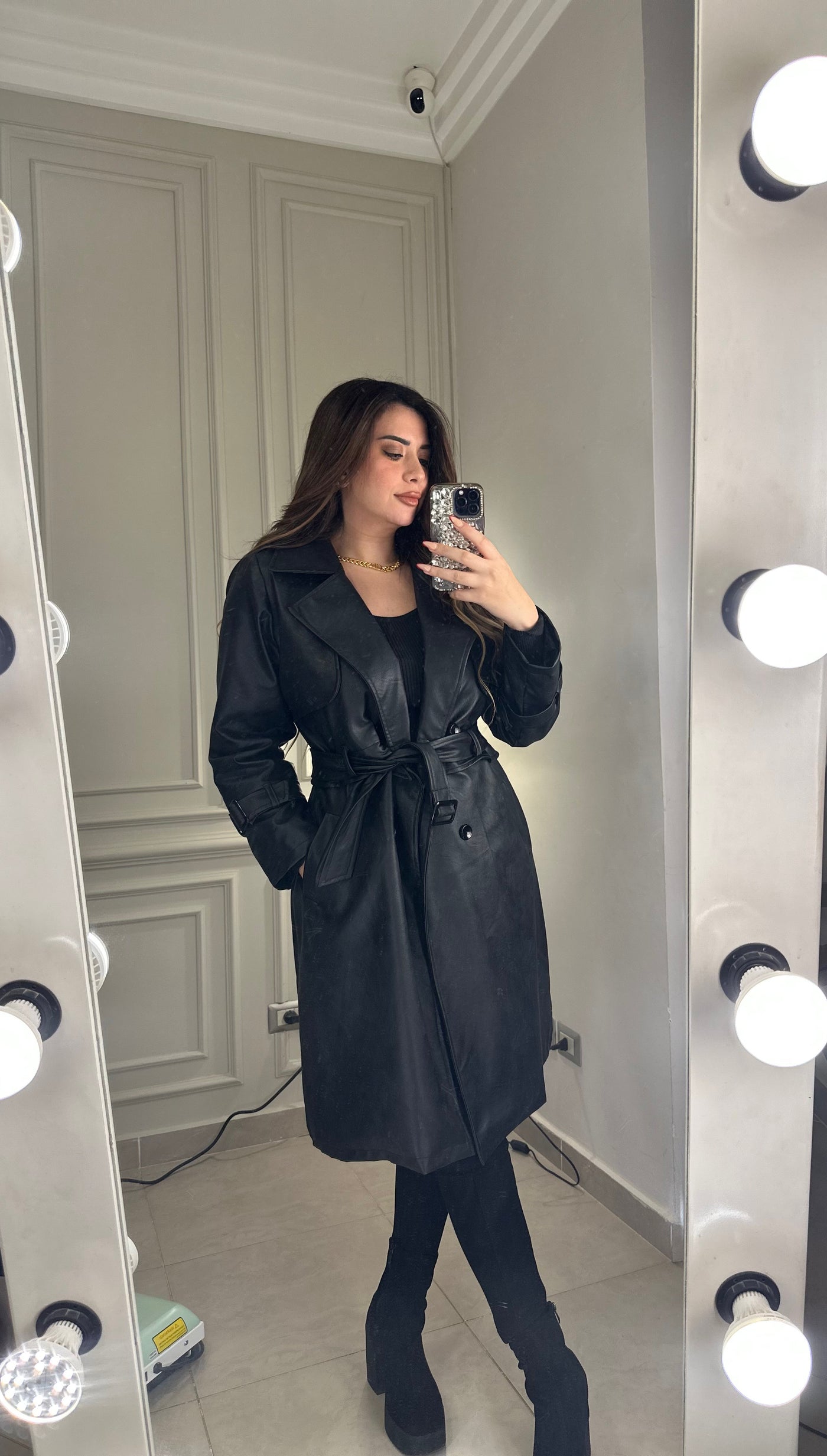 Two In One Feeling Famous Leather Trench Coat - Black