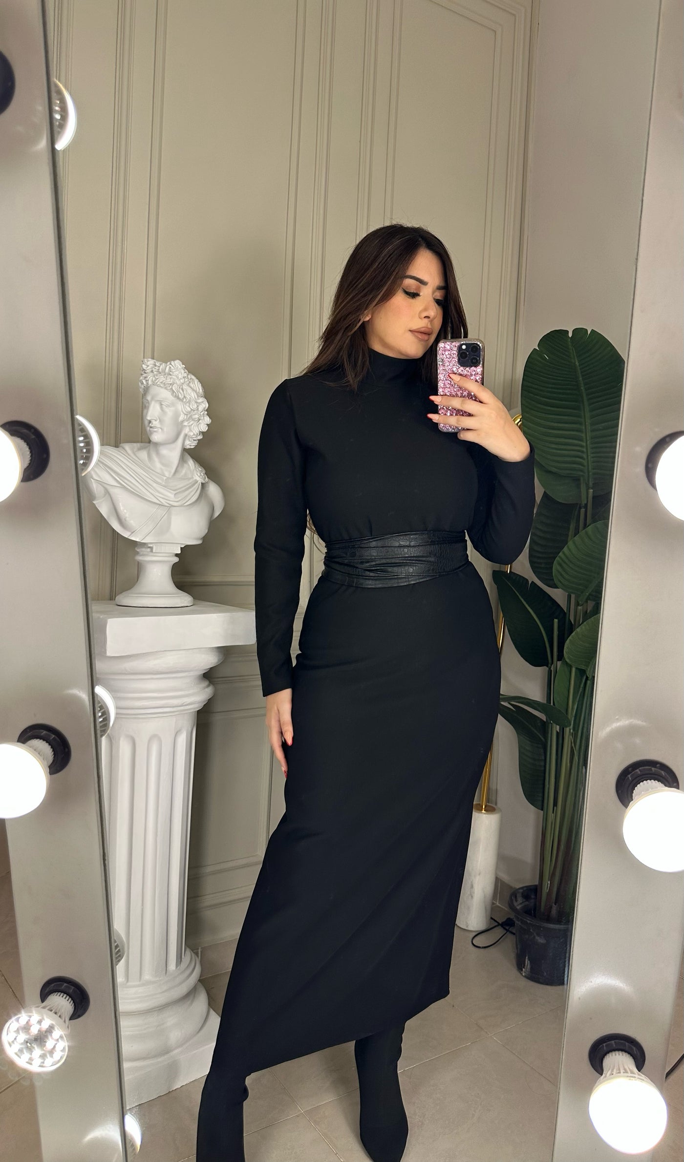 Body Contour Long Dress With Leather Belt - Black