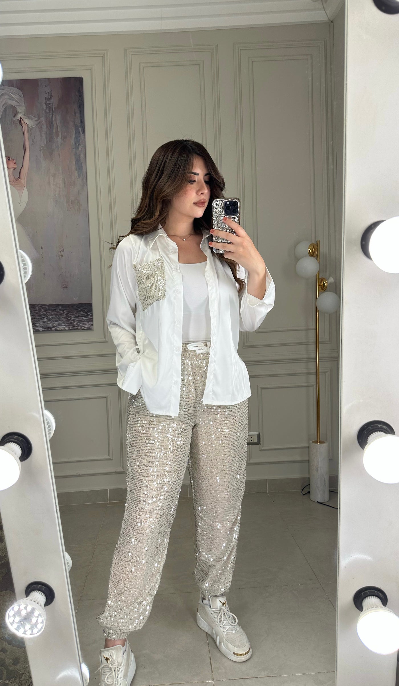 Hollywood Star Sequins Jogger Pants - Beige