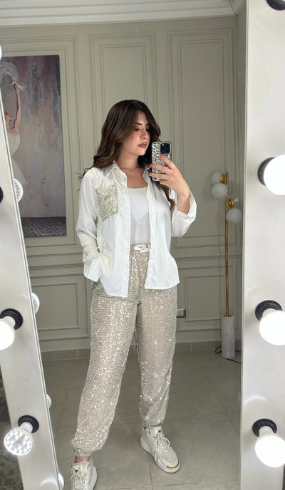 Hollywood Star Sequins Jogger Pants - Beige