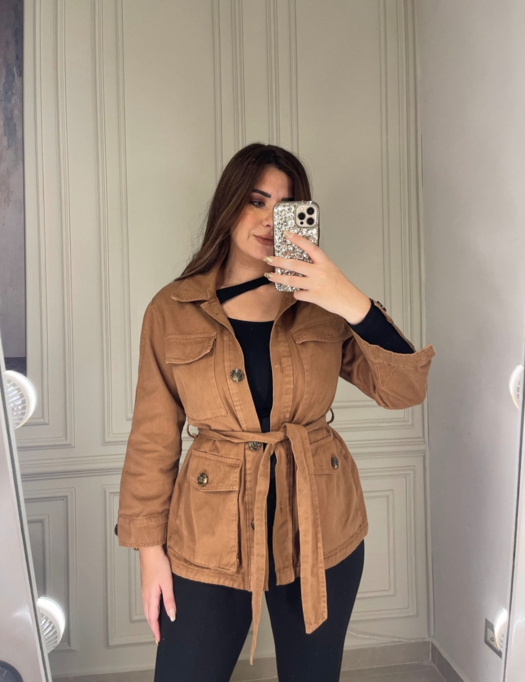 Belted Cargo Jeans Shacket - Camel