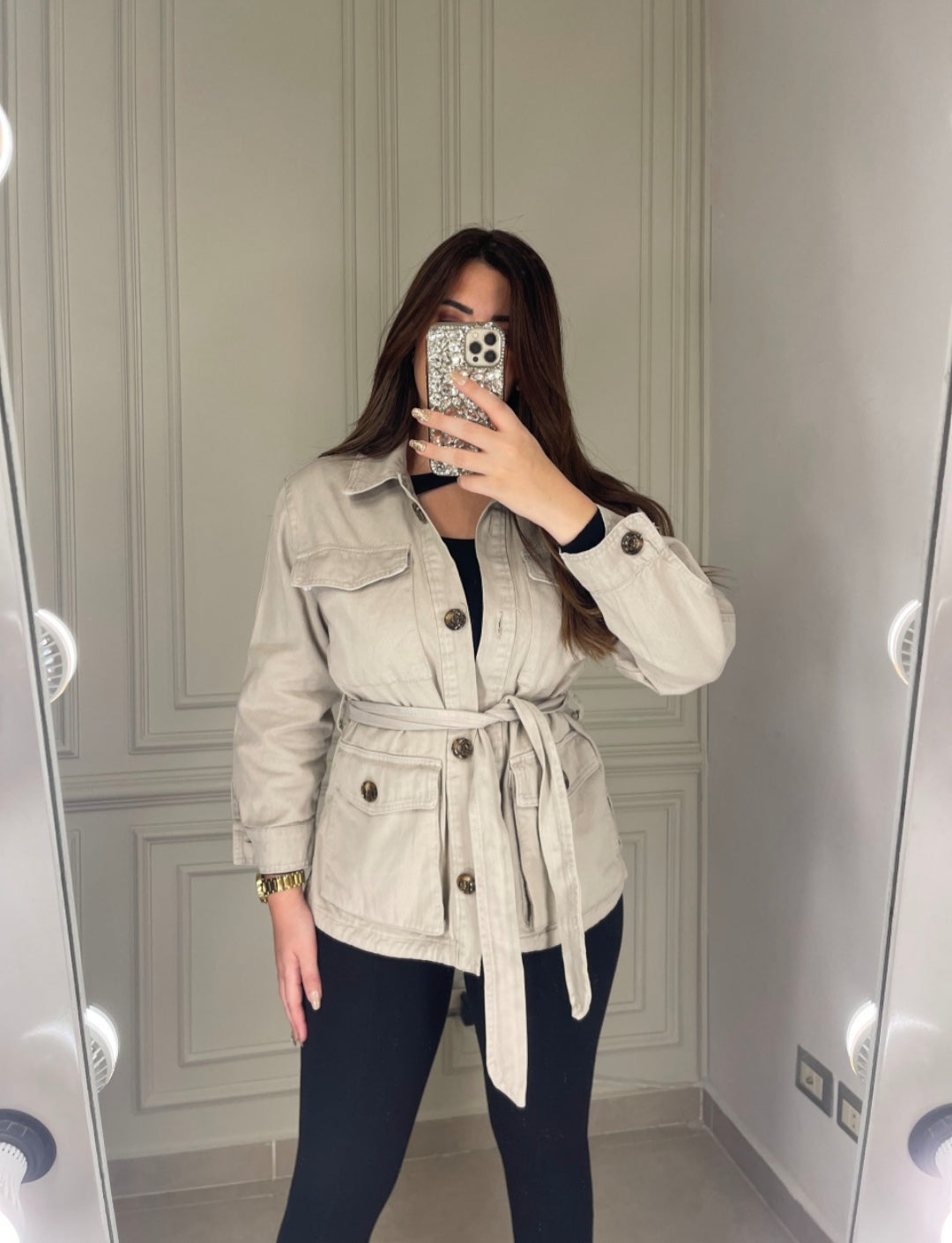 Belted Cargo Jeans Shacket - Sand Beige