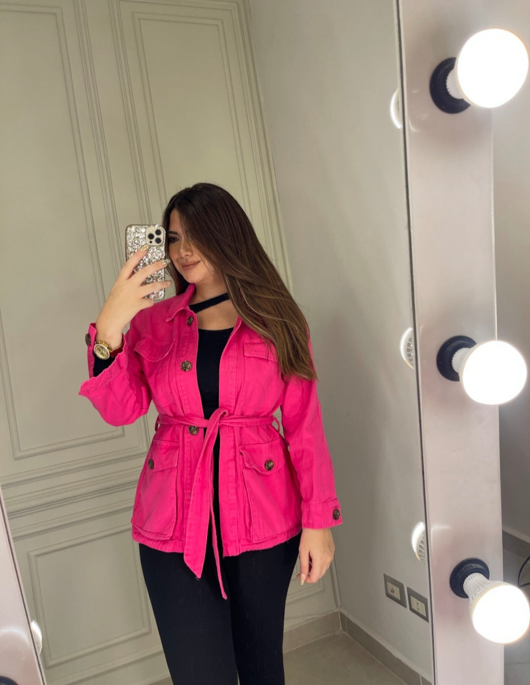 Belted Cargo Jeans Shacket - Fushcia