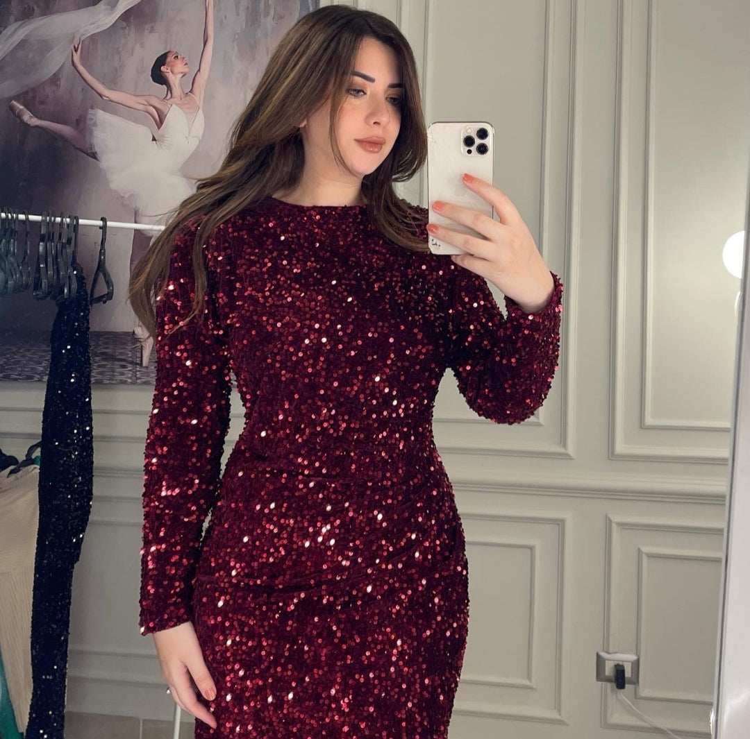 Coming In Hot Sequins Dress - Wine Burgundy