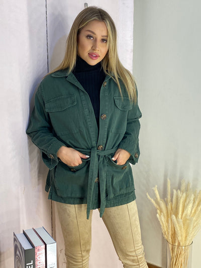 Belted Cargo Jeans Shacket - Army Olive