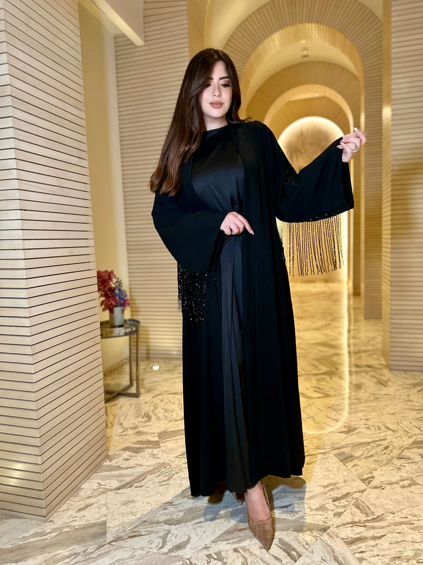 Classy Glowing Tassels Silky Kaftan - Black