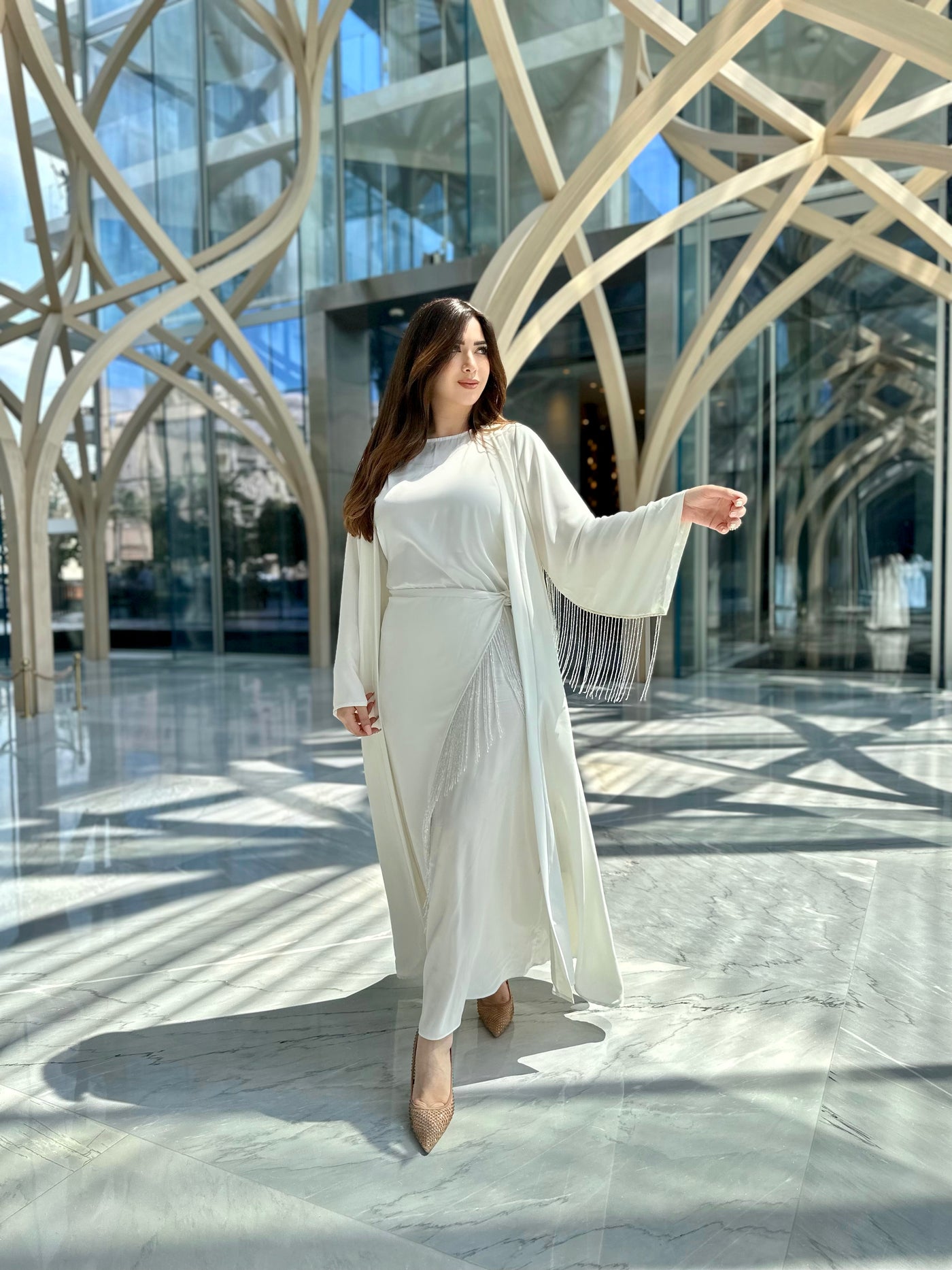 Classy Glowing Tassels Silky Kaftan - White