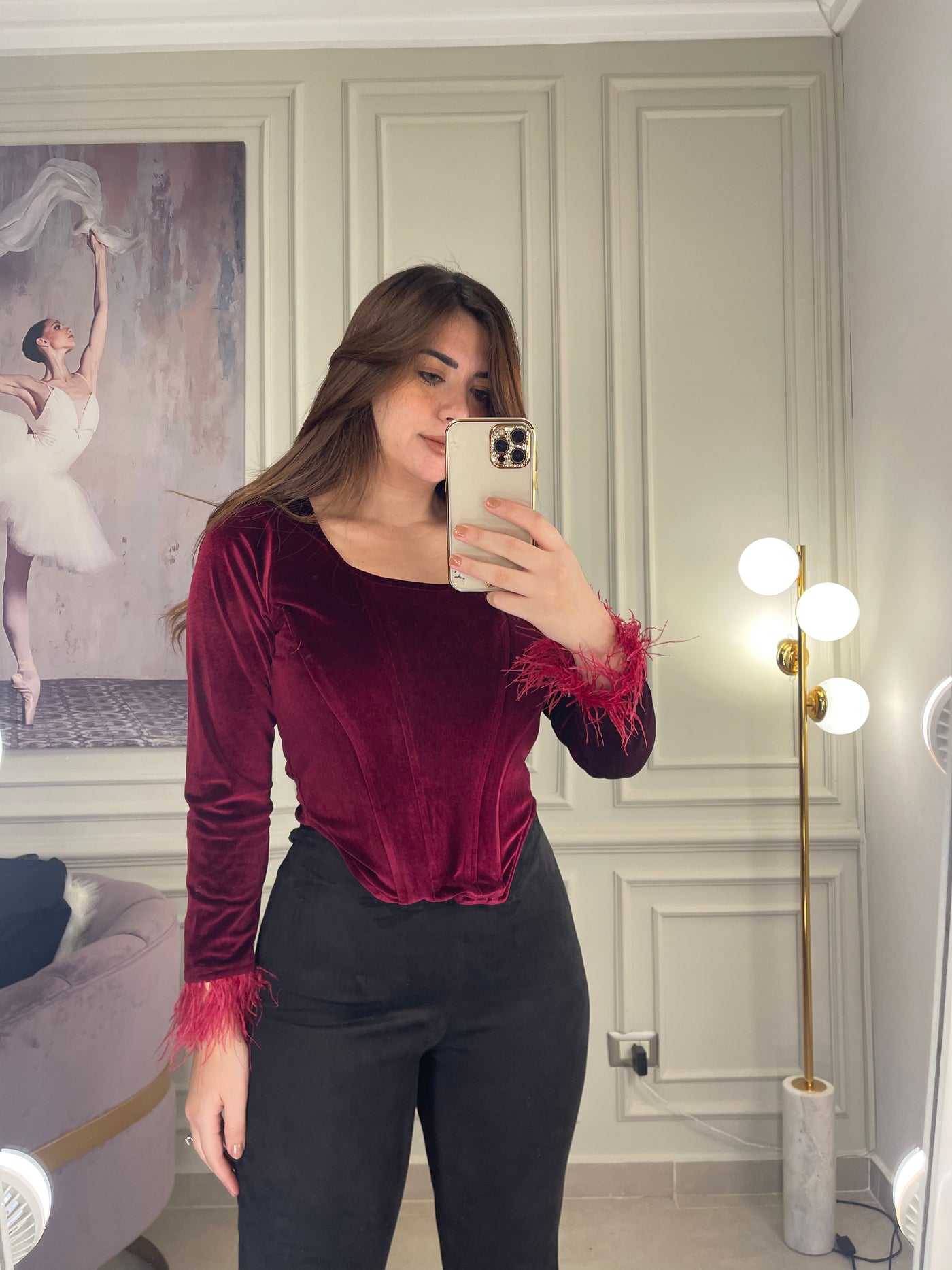 Kim K Velvet Feather Corset Top - Red
