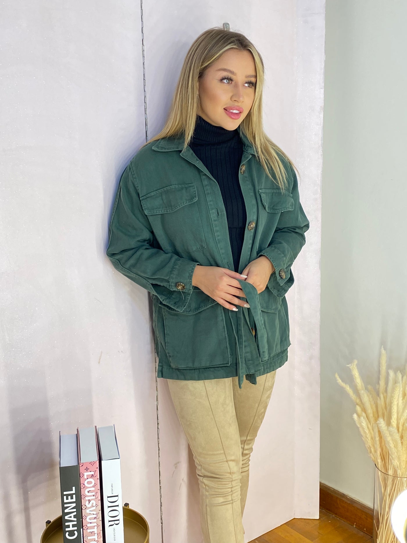 Belted Cargo Jeans Shacket - Army Olive