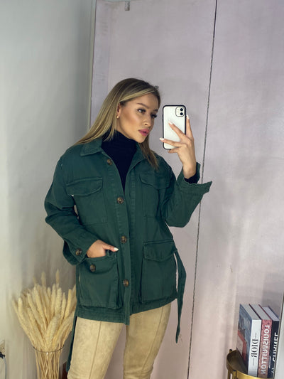 Belted Cargo Jeans Shacket - Army Olive